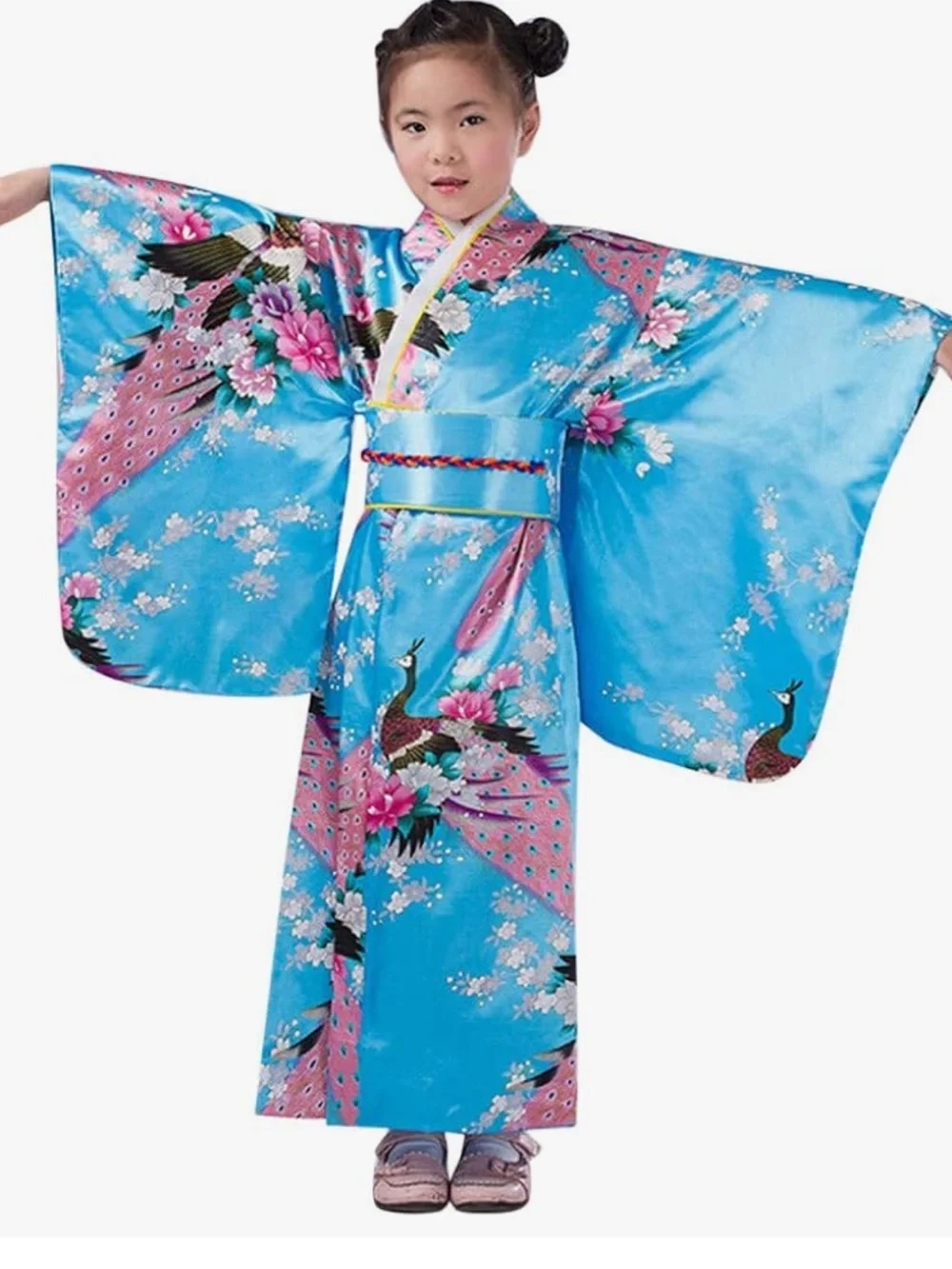 Girls Japanese Kimono Costume Blue Floral Peacock Robe Obi Halloween